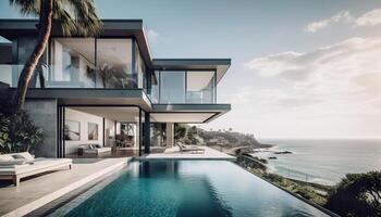 moderno lusso appartamento con infinito piscina prospiciente tropicale paesaggio a notte generato di ai foto