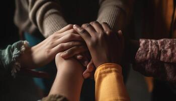 un' Multi etnico gruppo di adulti Tenere mani nel solidarietà generato di ai foto
