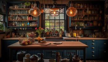rustico eleganza si illumina moderno cucina design con salutare pasto opzioni generato di ai foto