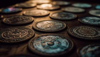 un' pila di vecchio monete simboleggia ricchezza e abbondanza generato di ai foto