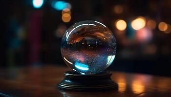 un' raggiante cristallo palla riflette vivace colori nel un' buio spazio generato di ai foto