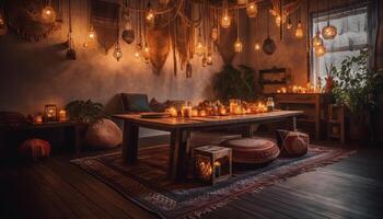 il rustico tavolo si illumina con lume di candela, la creazione di un' confortevole ambiance generato di ai foto