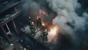 Due i vigili del fuoco Lavorando per spegnere ardente fabbrica nel pericoloso inferno generato di ai foto