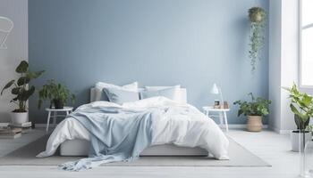 confortevole eleganza nel un' moderno Camera da letto con blu biancheria da letto arredamento generato di ai foto