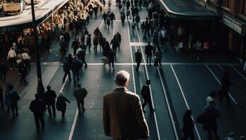 un' affollato corsa ora metropolitana stazione con sfocato movimento generato di ai foto