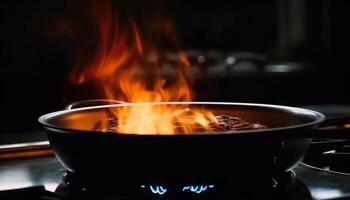 grigliato bistecca sfrigola su stufa superiore bruciatore, Riempimento cucina con Fumo generato di ai foto