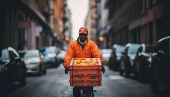 uno uomo consegna fresco biologico frutta di camion nel inverno generato di ai foto