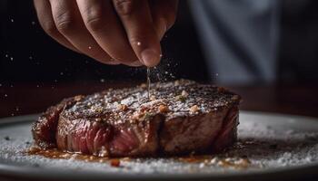 grigliato filetto bistecca, cucinato per perfezione, servito su buongustaio piatto generato di ai foto