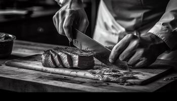 il capocuoco mano fette un' fresco filetto per grigliate perfezione generato di ai foto