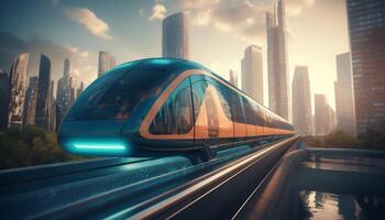 alto velocità treno gare attraverso dubai futuristico paesaggio urbano a crepuscolo generato di ai foto