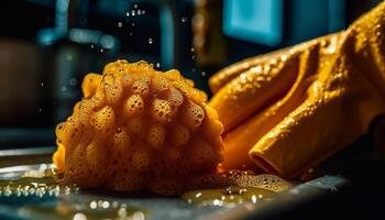 appena al forno buongustaio frutti di mare pasto su giallo piatto con decorazione generato di artificiale intelligenza foto
