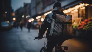 uno persona Ciclismo attraverso il città a notte, zaino su generato di ai foto