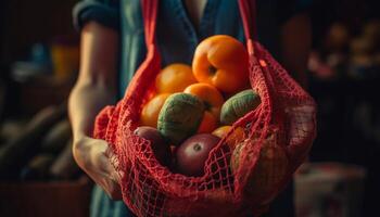 uno persona Tenere un' di vimini cestino di fresco, biologico frutta generato di ai foto