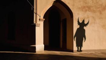 silhouette di preghiere uomini a vecchio Cattedrale, simbolo di cristianesimo generato di ai foto