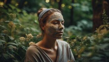 uno giovane donna, sorridente, guardare a telecamera nel bellissimo foresta generato di ai foto