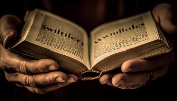 un' mano Tenere un' Bibbia, lettura per spirituale apprendimento generato di ai foto
