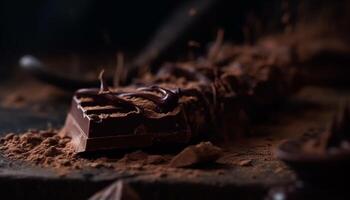 indulgente buongustaio buio cioccolato bar con cacao polvere e trucioli generato di ai foto