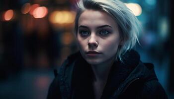 uno giovane donna, guardare a telecamera, illuminato di strada leggero generato di ai foto
