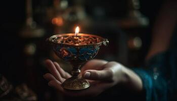 un' cattolico cerimonia con vino, lume di candela, e oro decorazioni generato di ai foto