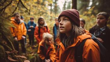 un' gruppo di amici escursioni a piedi nel il autunno foresta insieme generato di ai foto