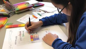 sorridente bambini in età prescolare concentrato su colorato arte e mestiere attività in casa generato di ai foto