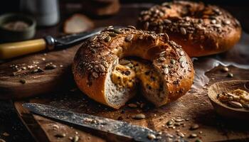 appena al forno totale Grano ciambella, un' rustico buongustaio merenda generato di ai foto