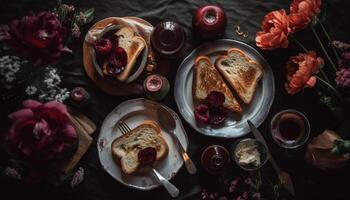 un' buongustaio dolce piatto con fresco frutti di bosco e fatti in casa Pancakes generato di ai foto