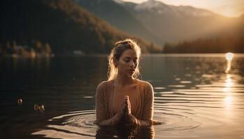 uno giovane donna Meditare nel sereno natura, godendo la tranquillità e armonia generato di ai foto