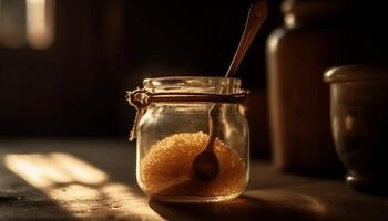 biologico miele nel bicchiere vaso su rustico di legno tavolo in casa generato di ai foto