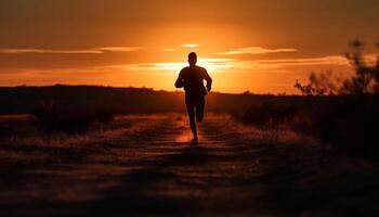 uno persona jogging a crepuscolo, silhouette contro un' tramonto cielo generato di ai foto