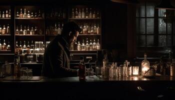 uno uomo, un' barista, Lavorando buio sbarra, scrosciante whisky generato di ai foto