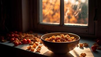 fresco biologico frutta su rustico di legno ciotola, salutare autunno merenda generato di ai foto