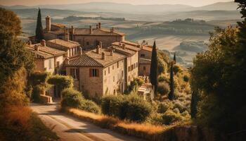 medievale Cattedrale sta alto nel tranquillo chianti regione a crepuscolo generato di ai foto