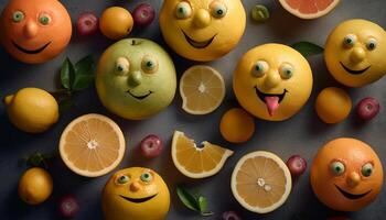 sorridente agrume personaggi portare divertimento e freschezza per salutare mangiare generato di ai foto