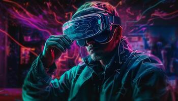 un' futuristico uomo d'affari giocando un' digitale video gioco a notte generato di ai foto