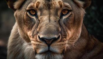 maestoso leonessa fissando con messa a fuoco su primo piano nel natura Riserva generato di ai foto