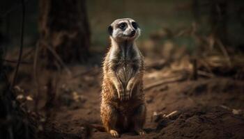 meerkat piace mangusta seduta mettere in guardia, fissando a telecamera con a strisce pelliccia generato di ai foto