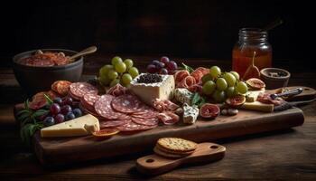 rustico legna tavola detiene buongustaio carne e formaggio variazione per pasto generato di ai foto