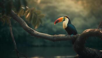 tucano perching su ramo nel vivace tropicale foresta pluviale ambiente generato di ai foto