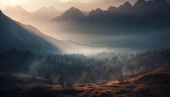 maestoso montagna gamma, indietro illuminato di Alba, avvolto nel nebbia generato di ai foto
