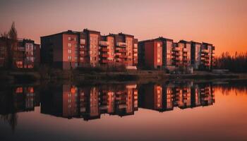 silhouette di moderno città orizzonte a alba, riflettendo su lungomare generato di ai foto