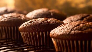 appena al forno muffin su rustico tavolo, indulgente cioccolato e mirtillo generato di ai foto