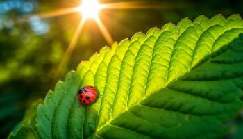 vivace coccinella macchiato su verde foglia nel estate prato generato di ai foto