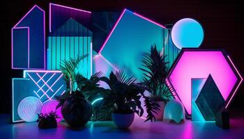 moderno architettura illuminato di raggiante neon riflettore nel futuristico design generato di ai foto