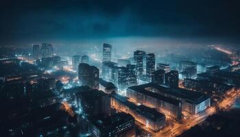 raggiante grattacieli illuminare il città orizzonte a notte generato di ai foto
