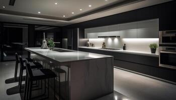 moderno cucina design con lusso elettrodomestici, elegante marmo isola, e luminosa illuminazione generato di ai foto