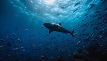 scuola di pesce nuotare nel maestoso paesaggio marino di tropicale scogliera generato di ai foto
