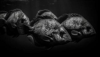 a strisce cernia nuoto nel scogliera, circondato di mare vita generato di ai foto