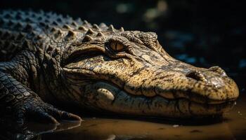 grande coccodrillo riposo nel pantano, suo denti e occhio visibile generato di ai foto