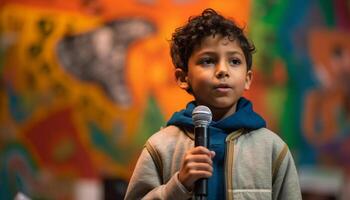 carino bambino musicista giocando chitarra, sorridente per ritratto all'aperto generato di ai foto